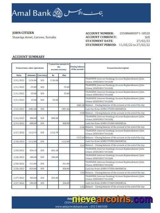 Somalia Amal bank statement